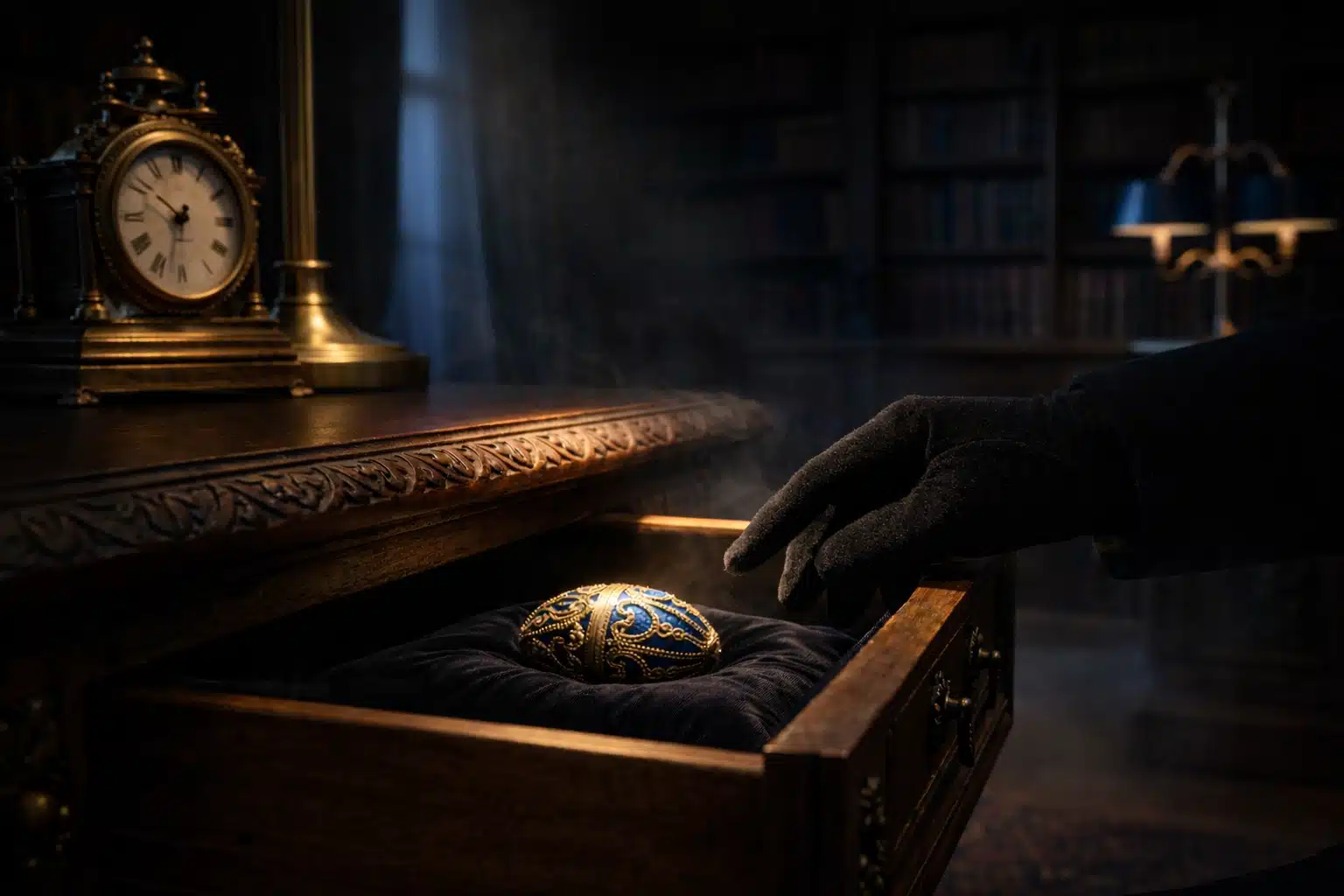 Œuf de Fabergé dissimulé dans un tiroir ancien, main gantée en velours noir prête à s’en emparer