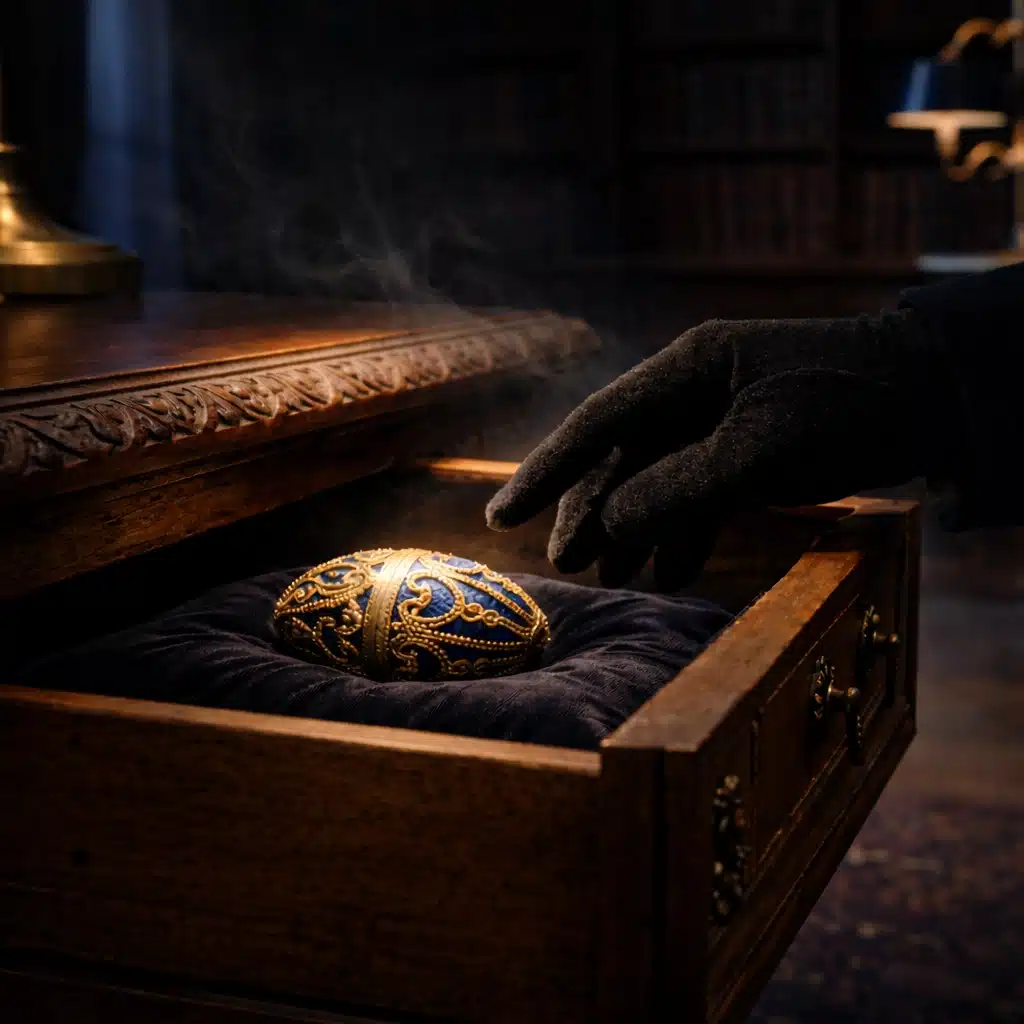 Œuf de Fabergé dissimulé dans un tiroir ancien, main gantée en velours noir prête à s’en emparer