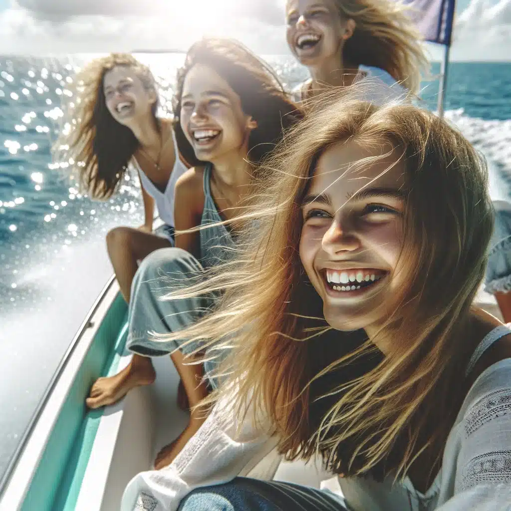 Groupe de filles participant à une excursion en bateau à l'occasion d'un enterrement de vie de jeune fille (EVJF)