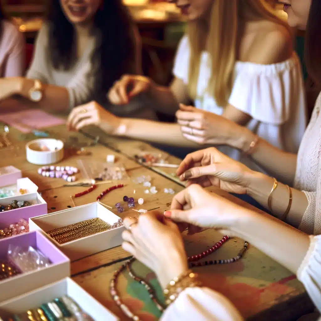 Groupe de filles participant à un atelier de création de bijoux à l'occasion d'un enterrement de vie de jeune fille (EVJF)